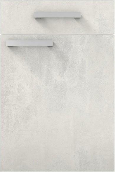 Geräumige Eckküche in hellgrauer Betonoptik & Weiß