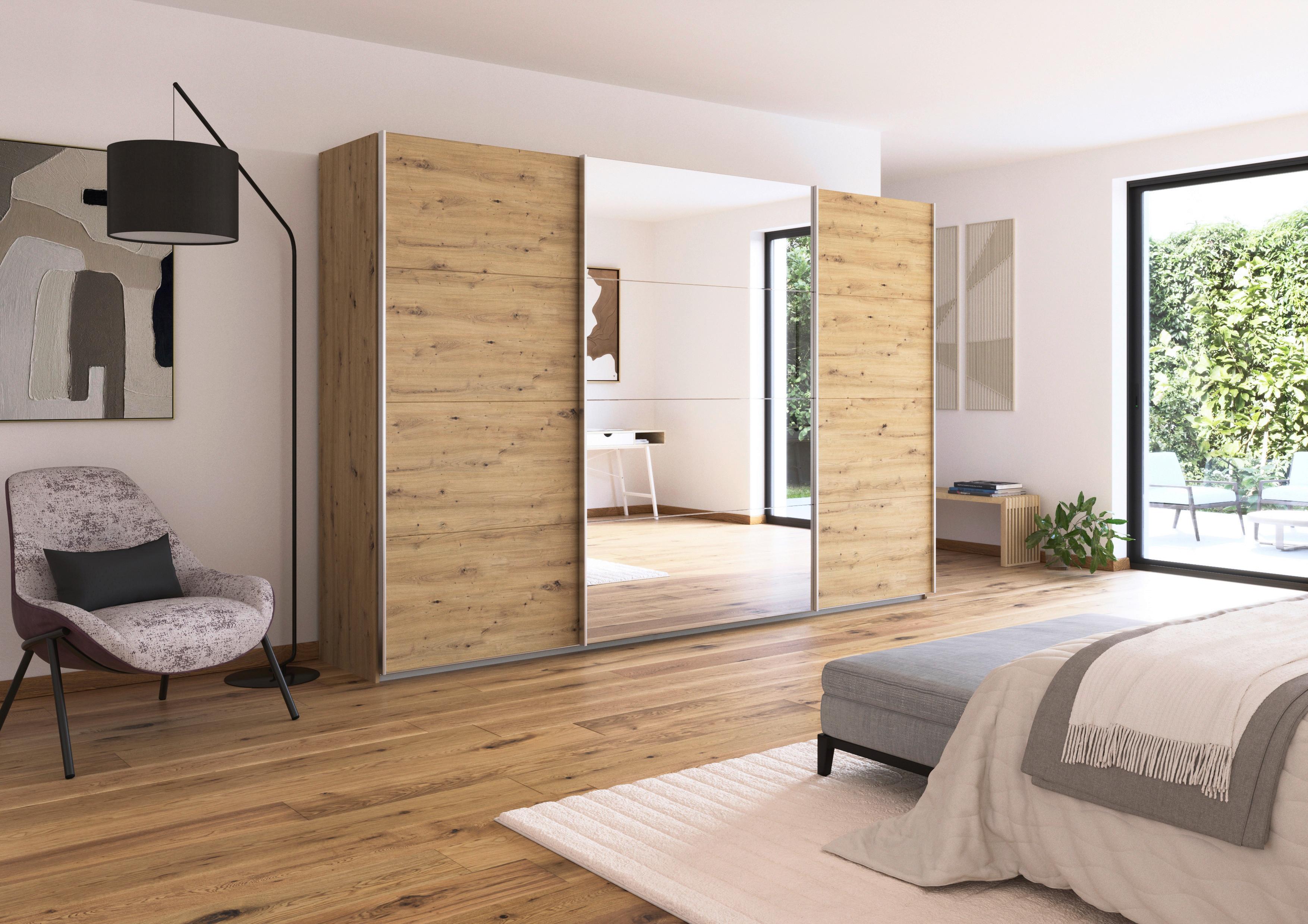 Schwebetürenschrank + Spiegel B: 315cm Feldkirch Eiche Dekor - Silberfarben/Eiche Artisan, MODERN, Holzwerkstoff (315/210/62cm)
