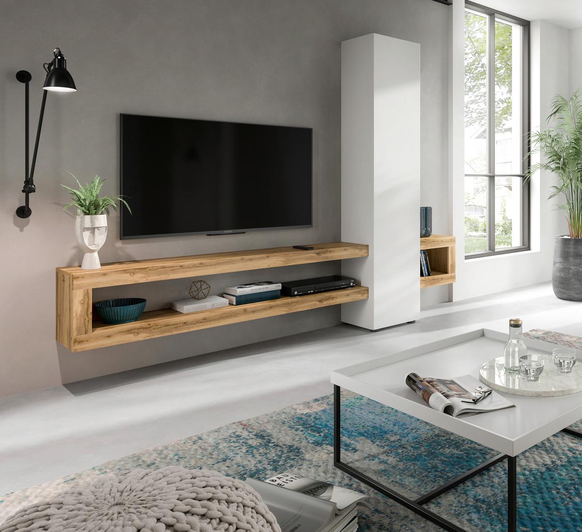 Wohnwand Samba, Eiche Wotan B:240 Cm - Eiche Wotan/Schwarz, Design, Holzwerkstoff (240/190/35cm) - MID.YOU