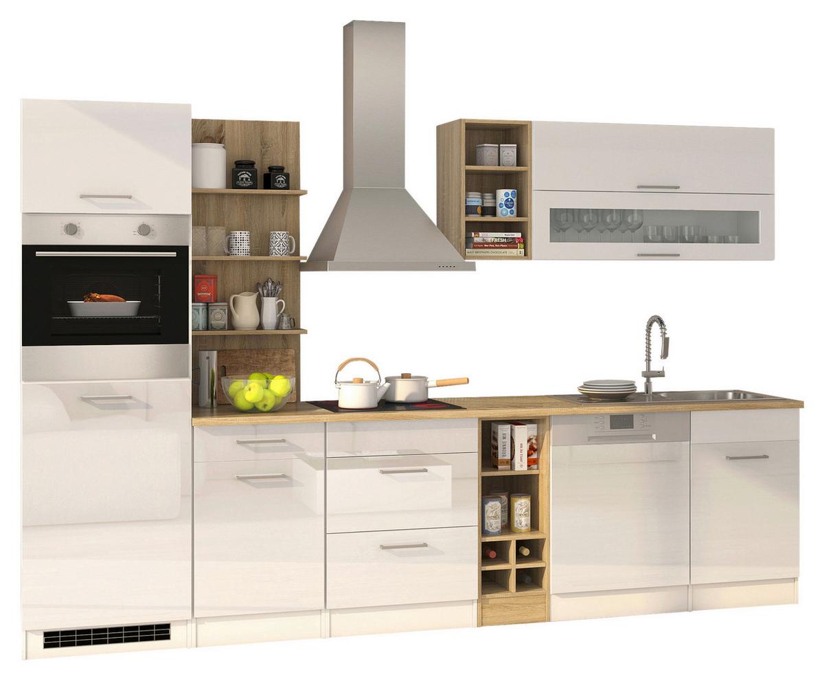 Küchenzeile Mailand mit Geräten 310 cm Weiß Elegant - Weiß Hochglanz/Eichefarben, MODERN, Holzwerkstoff (310cm) - Held