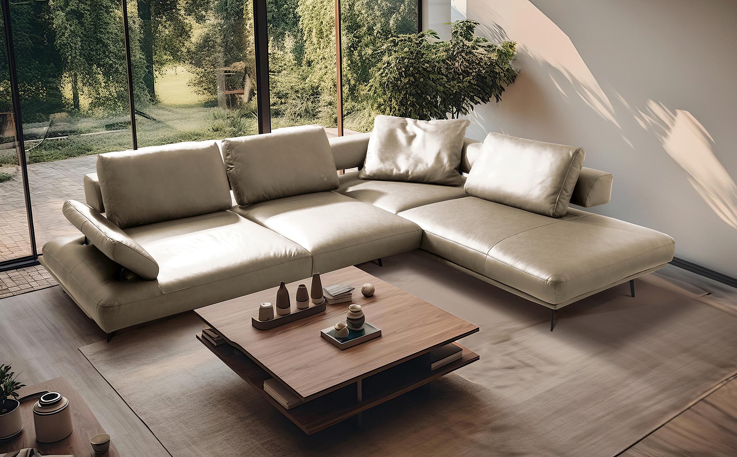 Ecksofa Como Echtleder Creme 306x237 - Creme/Schwarz, Design, Leder (306/237cm) - Livetastic