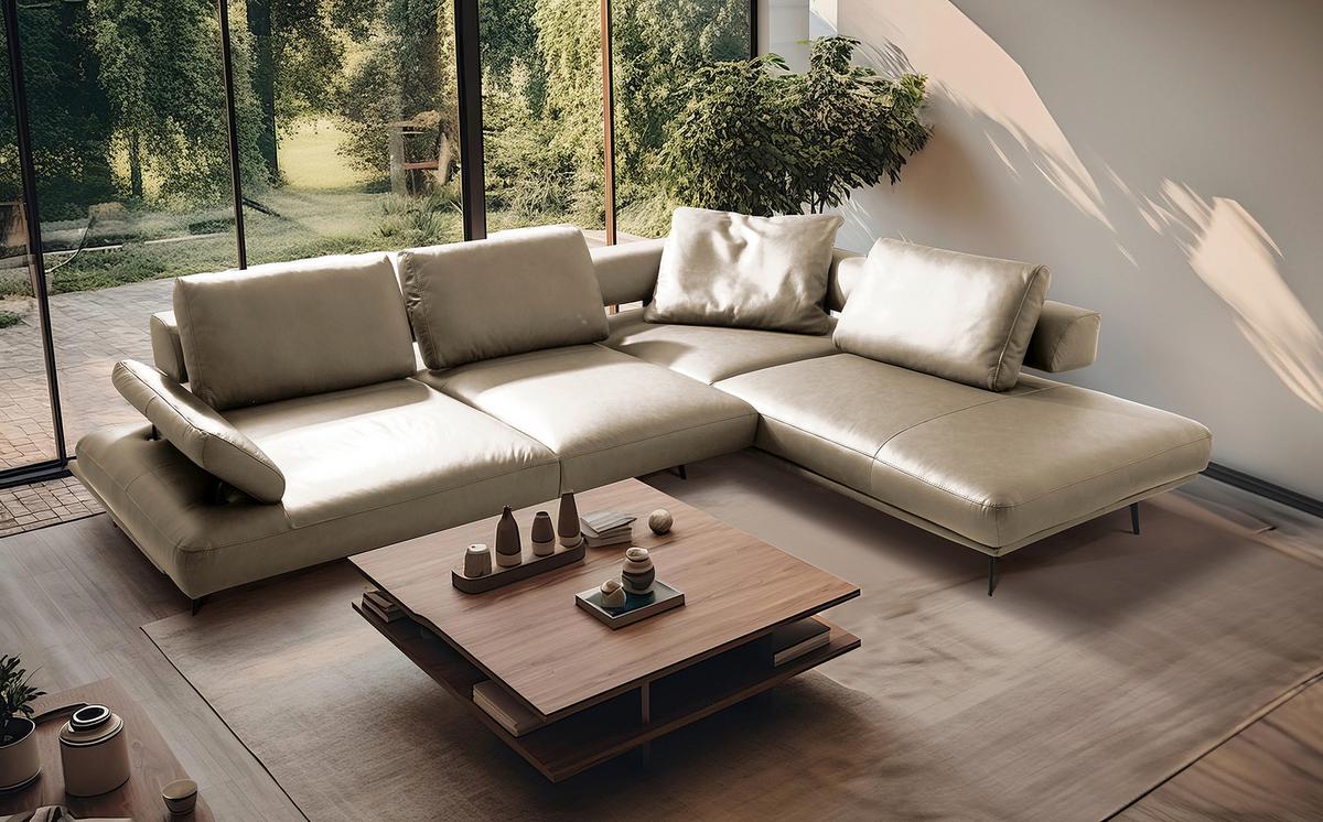 Ecksofa Como Echtleder Creme 306x237 - Creme/Schwarz, Design, Leder (306/237cm) - Livetastic