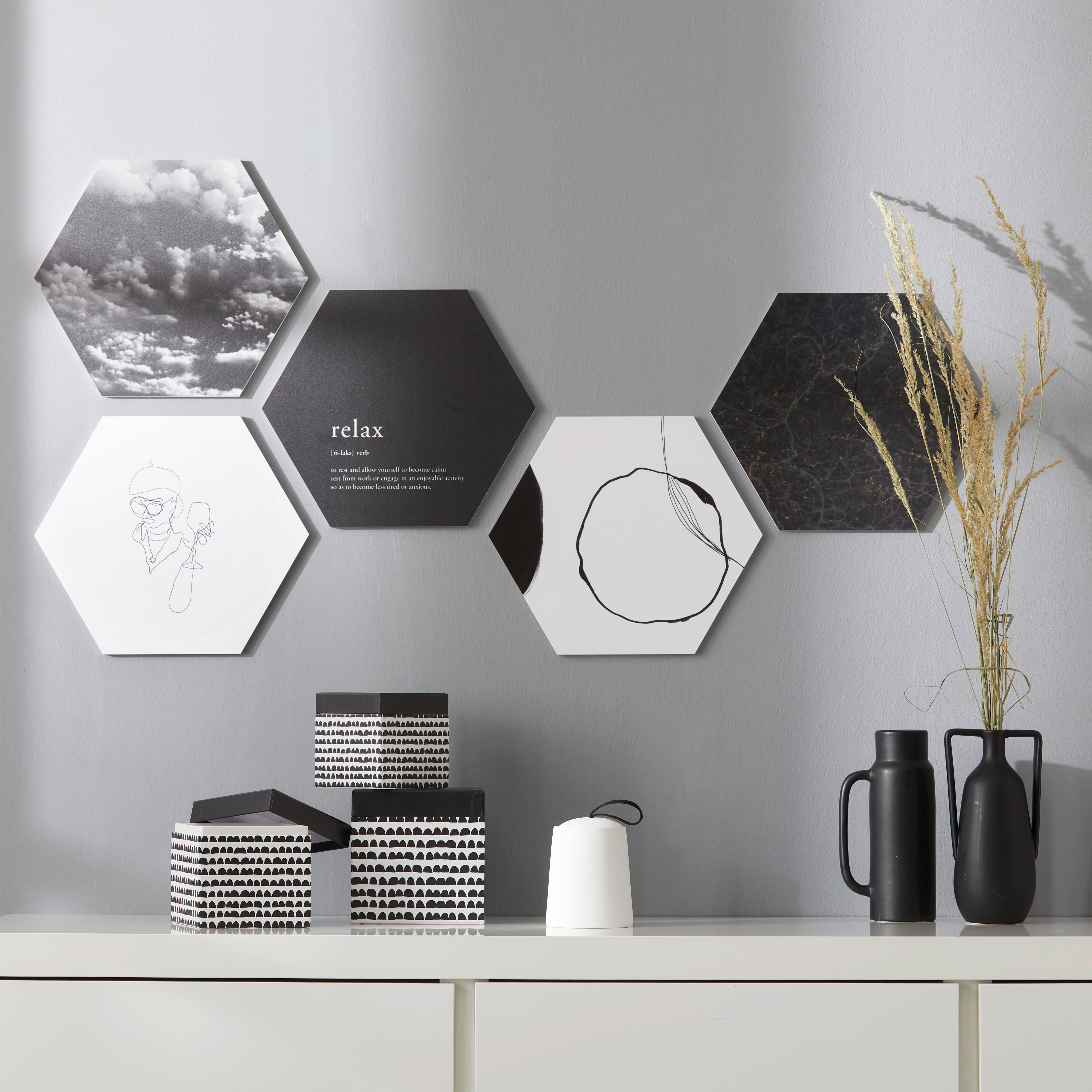 Obraz Hexagon, 5dílná Sada - bílá/černá, plast (30cm) - Modern Living