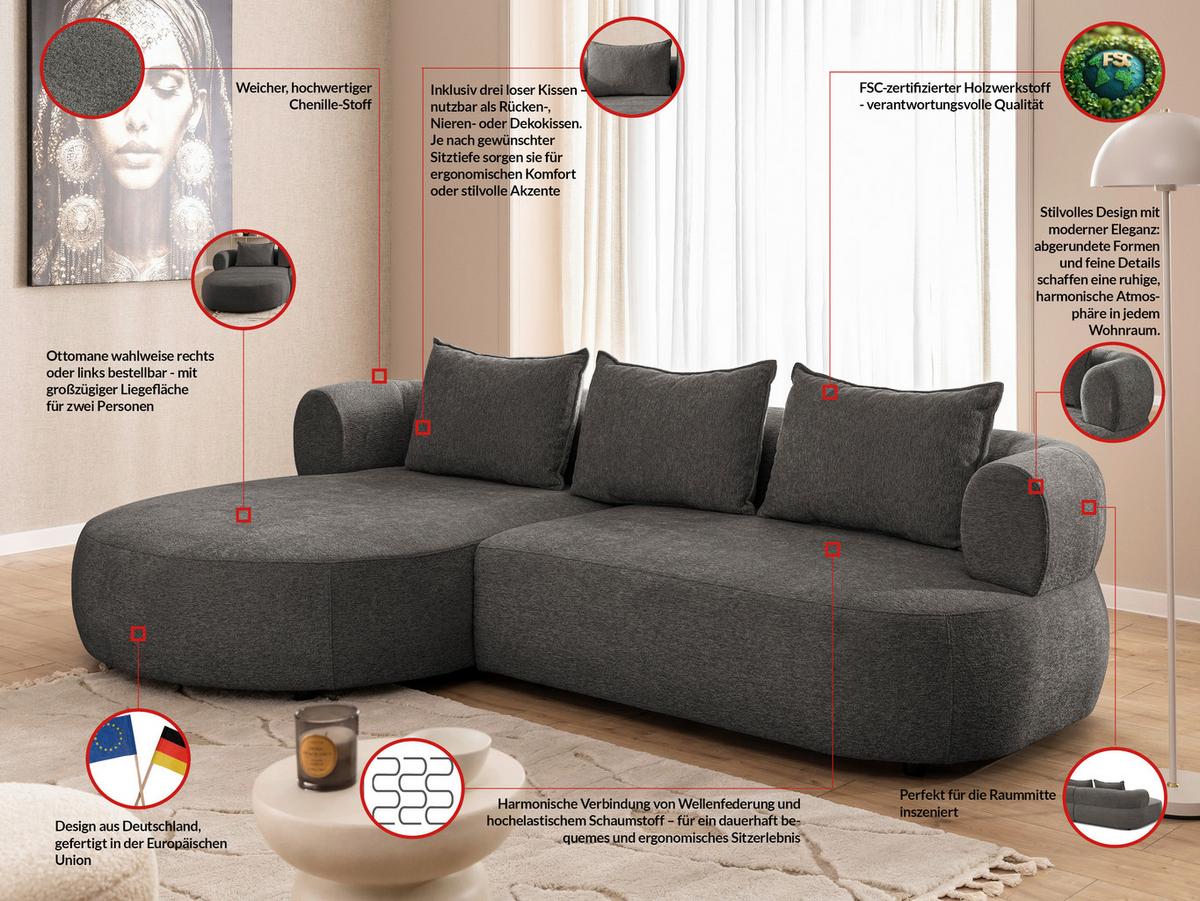 Ecksofa Ferro Anthrazit S: 156x256 cm - Anthrazit/Schwarz, Design, Textil (156/256cm) - Livetastic