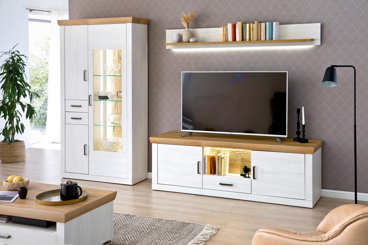 Wohnkombination 3-Tlg. Madrid Eiche-/Pinienfarben - Eichefarben/Schwarz, Design, Glas/Holzwerkstoff (297/205/50cm) - MID.YOU