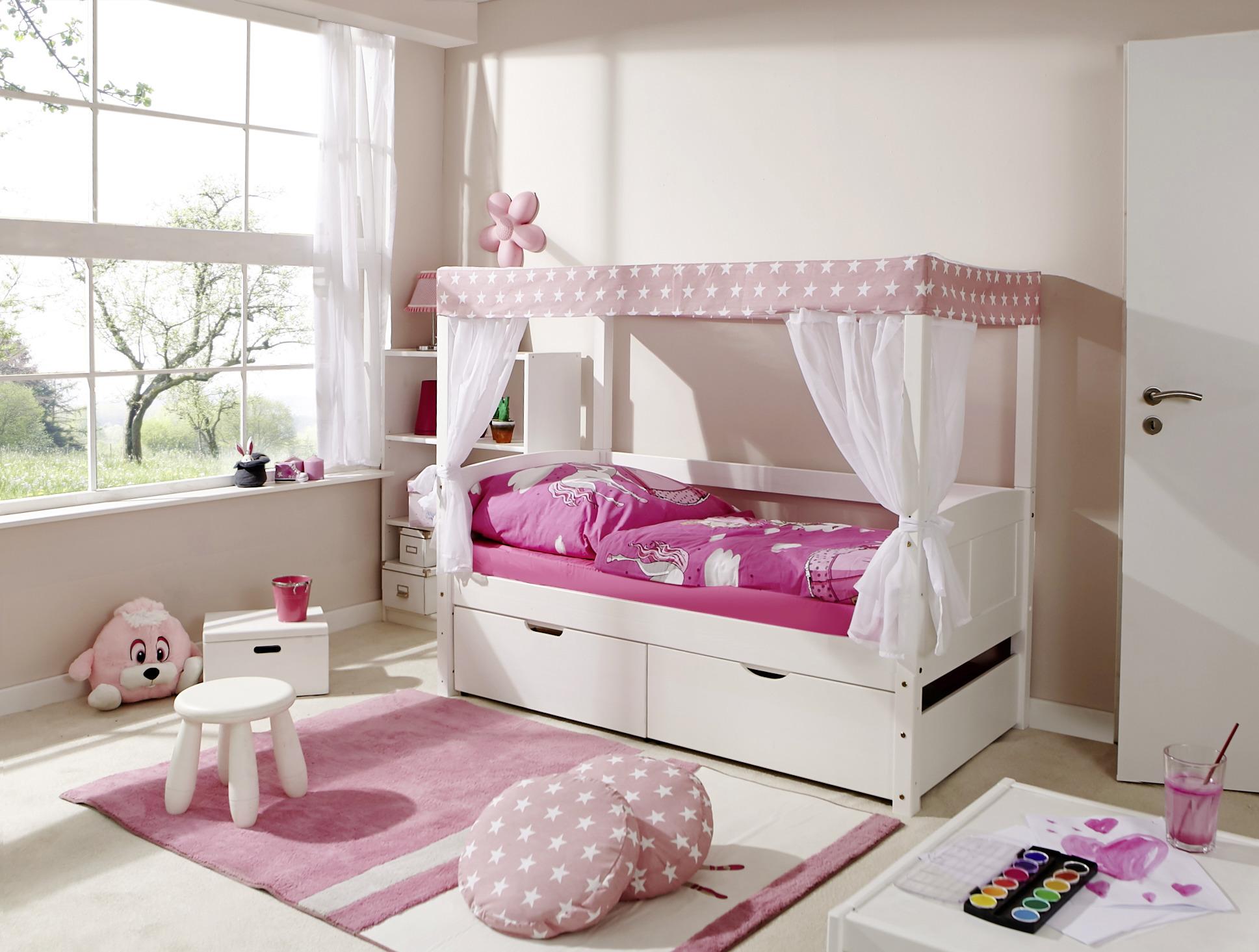 Detská posteľ s nebesami LINO MINI záves ružovo-biely - biela/ružová, Modern, drevo (80/160cm) - MID.YOU