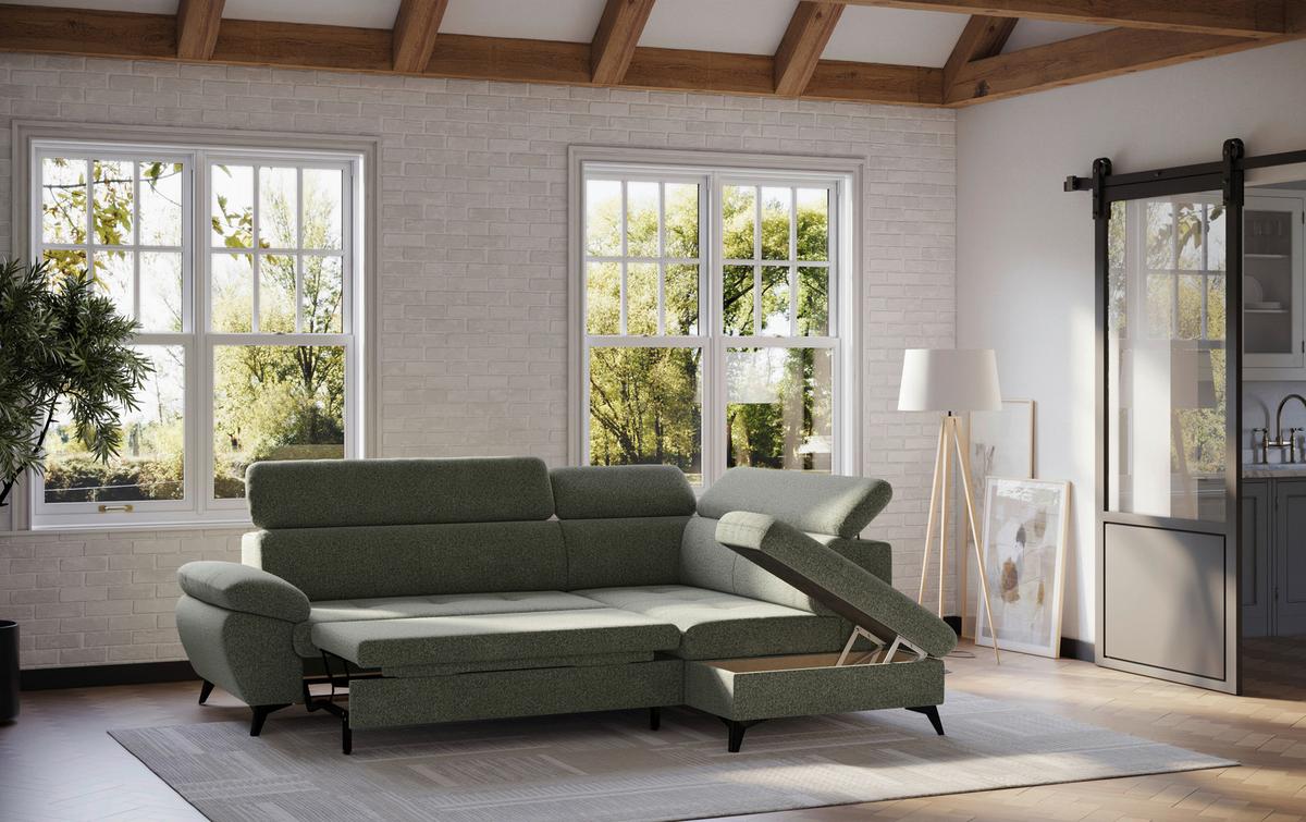 Ecksofa mit Bettfunktion Hudson, Chenille Dunkelgrün - Dunkelgrün/Schwarz, KONVENTIONELL, Textil (256/207cm) - Sembella