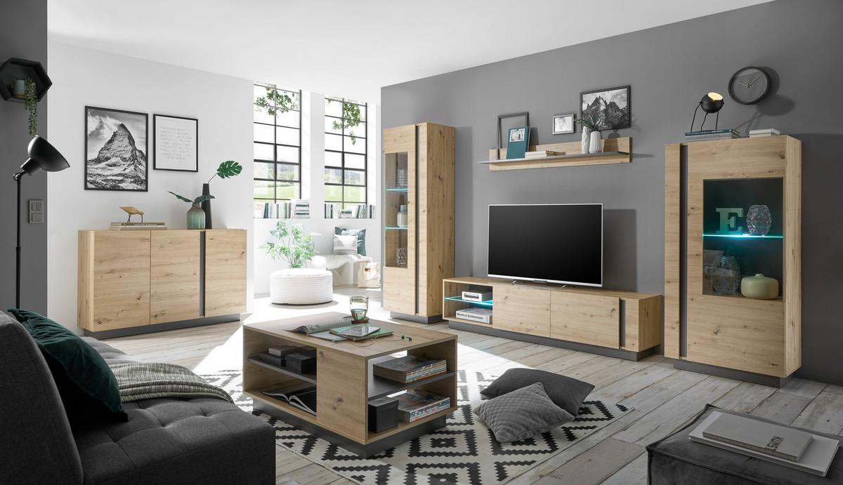 Wohnwand Clair Grau/ Eiche Artisan Dekor B: 340cm - Eiche Artisan/Grau, Design, Glas/Holzwerkstoff (340/194/40cm) - MID.YOU