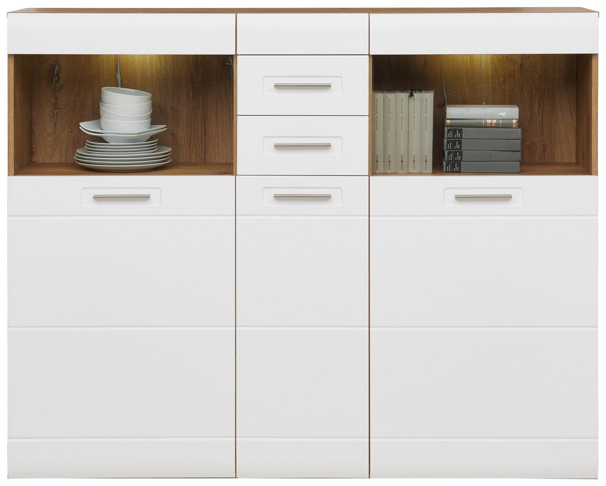 Highboard Mit Glaselementen B: 154,9 Auris, Weiß/eiche Dekor - MODERN, Glas/Holzwerkstoff (154,9/127,3/37,1cm) - Luca Bessoni