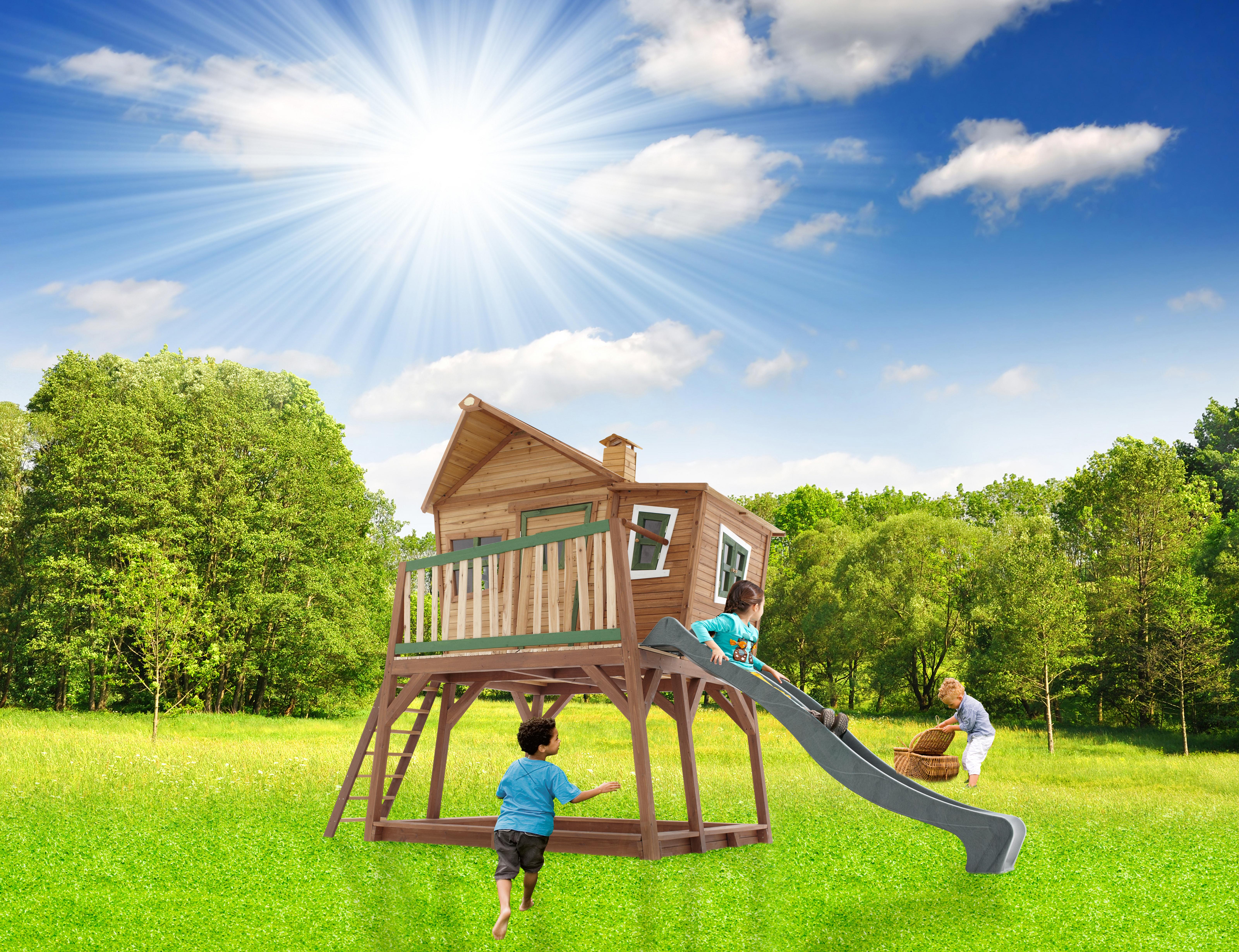 Spielhaus Holz Mit Rutsche Und Kletterwand Braun Grün Max - Braun/Naturfarben, KONVENTIONELL, Holz (435/291/180cm) - Ambia Garden