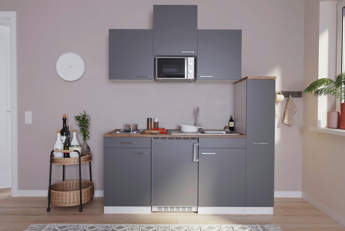 Küchenzeile Economy mit Geräten 180 cm Grau/Nussbaum Dekor - Nussbaumfarben/Weiß, Basics, Holzwerkstoff (180cm) - Respekta