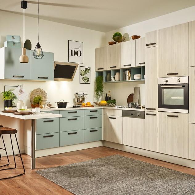 Einbauküche Pn 100 Frei Planbar - Blau/Eichefarben, Holzwerkstoff - Pino