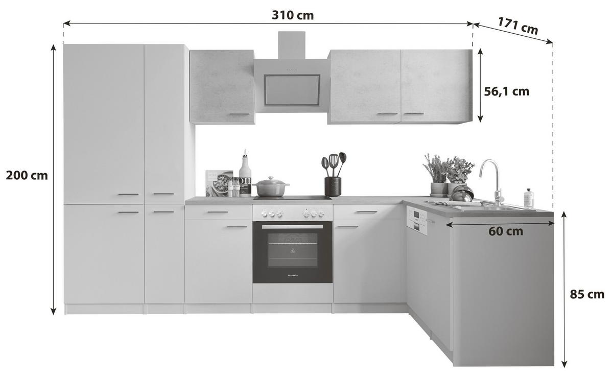 Eckküche Malia L-Küchenblock 310 Cm - Graphitfarben/Weiß, Basics, Holzwerkstoff (310/171cm) - Respekta