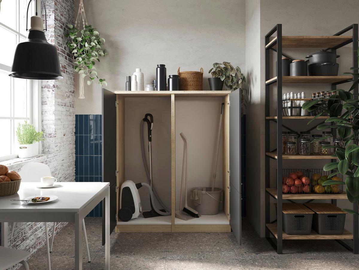 Hochschrank Merle Grau/Eiche Dekor B:120cm - Eichefarben/Grau, Basics, Holzwerkstoff (120/144,9/60cm) - Respekta