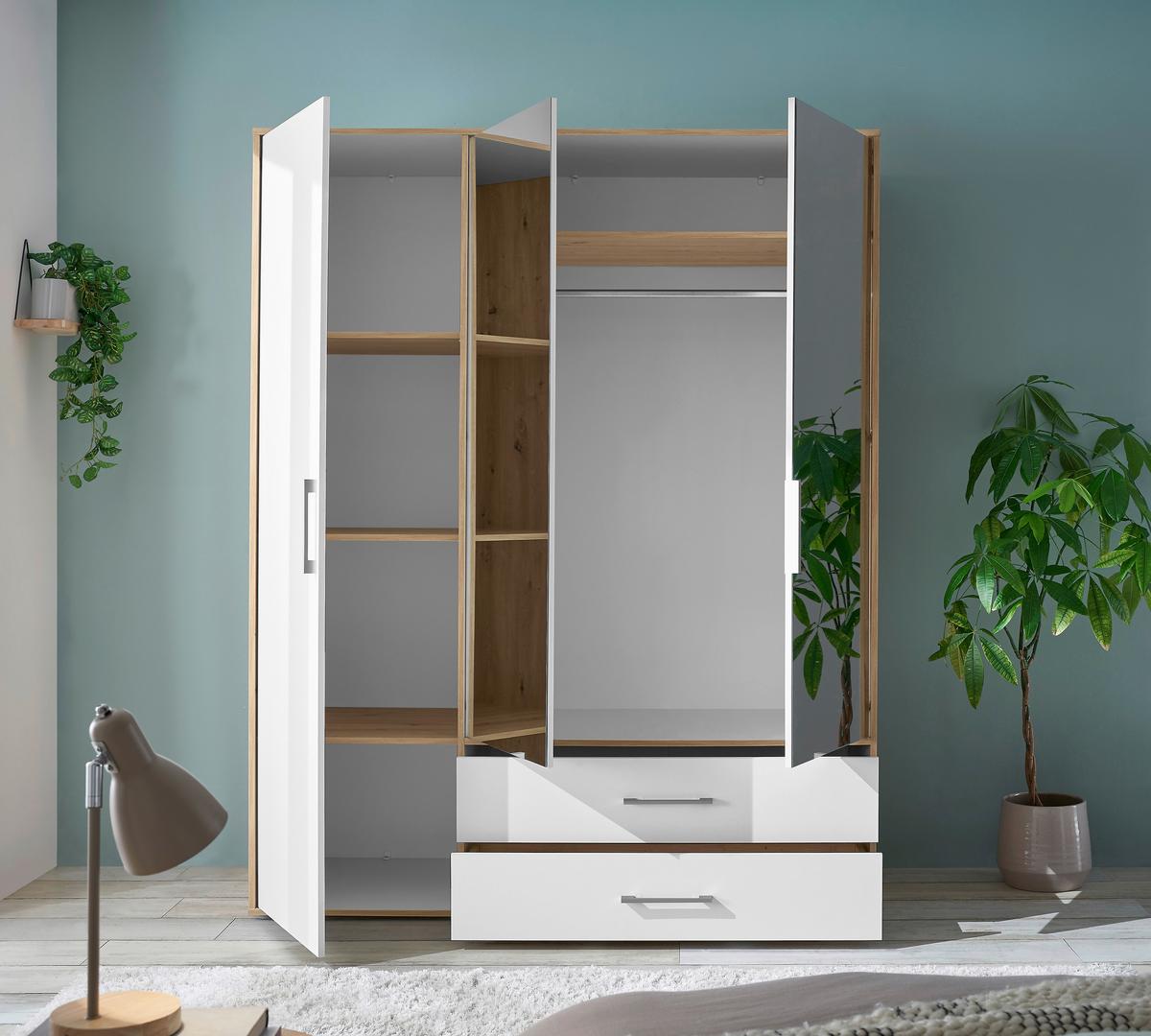 Kleiderschrank mit Spiegel 3trg Lembo Artisan Eiche/Weiß 155cm - Weiß/Eiche Artisan, Basics, Glas/Holzwerkstoff (155/195/60cm)