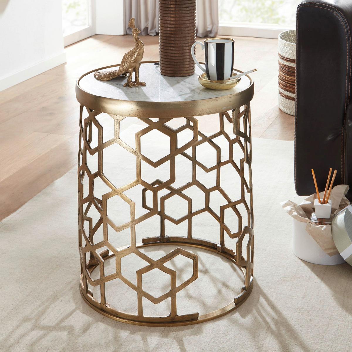Beistelltisch Wohnling Goldfarben/weiß - Goldfarben, Design, Stein/Metall (46/46/55cm) - MID.YOU