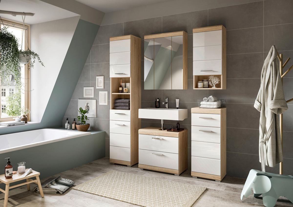 Hängeschrank Lambada Eiche Dekor/Weiß B: 74 cm - Weiß Hochglanz/Eichefarben, MODERN, Holzwerkstoff (74/79/24cm) - MID.YOU