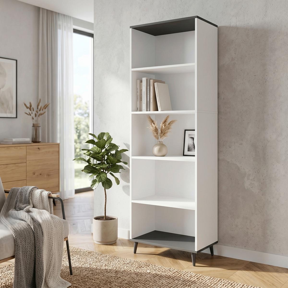 Regál LANDOS - biela/antracitová, Modern, kompozitné drevo (60/184/31cm) - MID.YOU