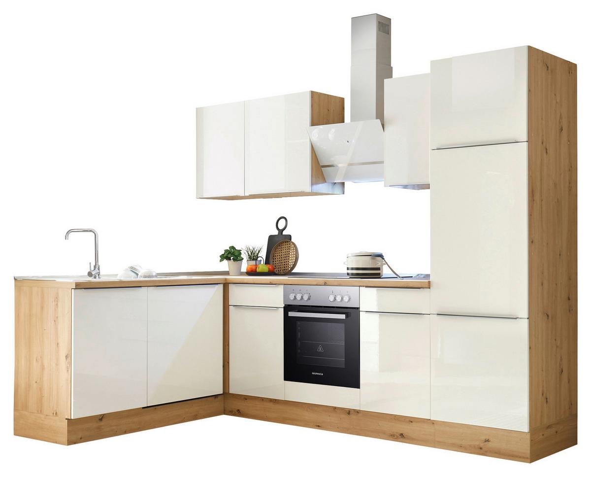 Eckküche mit Geräten 280x170 cm Weiß/Eiche Dekor, Modern - Weiß Hochglanz/Eiche Artisan, LIFESTYLE, Holzwerkstoff (280/170cm) - Respekta
