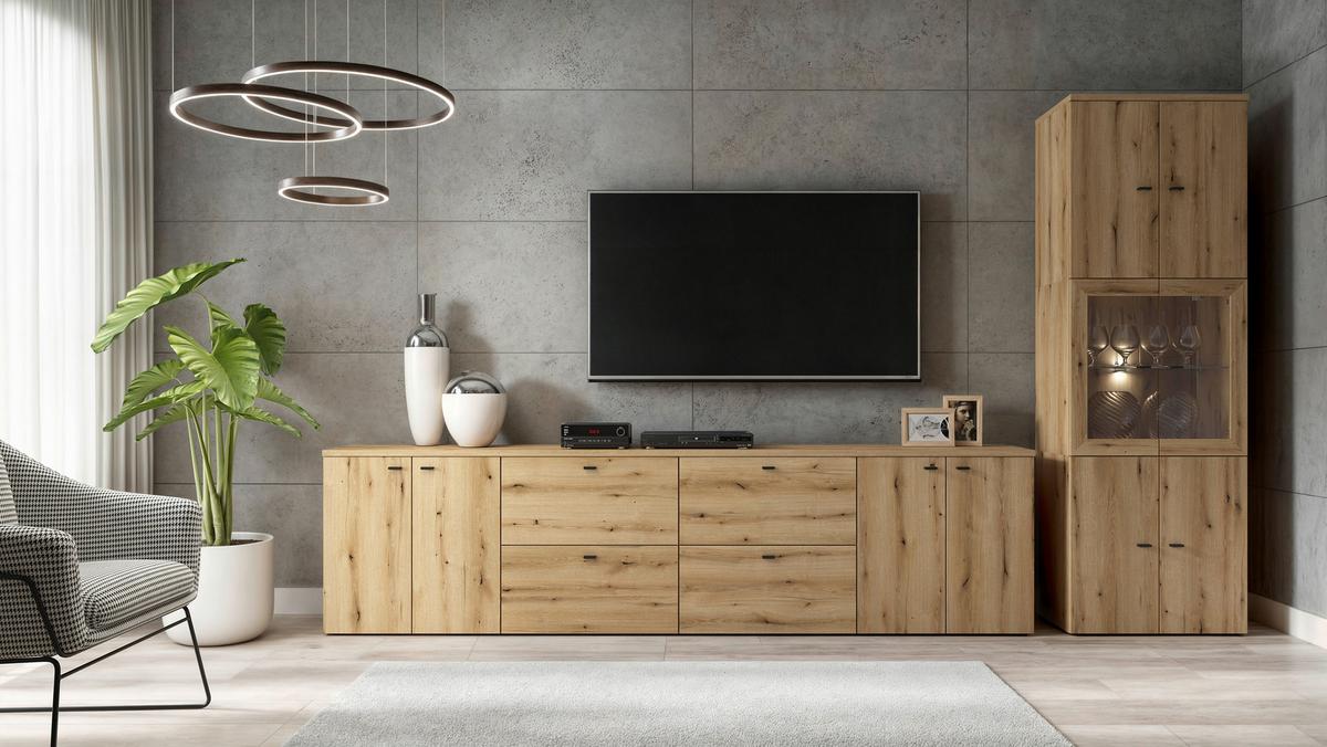 Stapelprogramm Sixty-Four - Eichefarben/Schwarz, Trend, Holzwerkstoff (320/192/35cm)