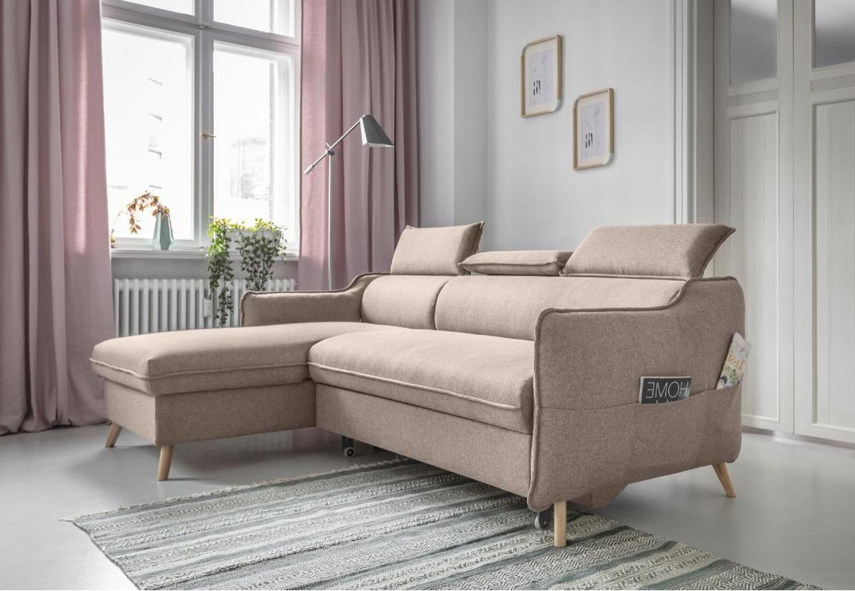 Rozkládací sedačka SIMONE, levé provedení - přírodní barvy/béžová, Moderní, dřevo/textil (228/82/95/162cm)