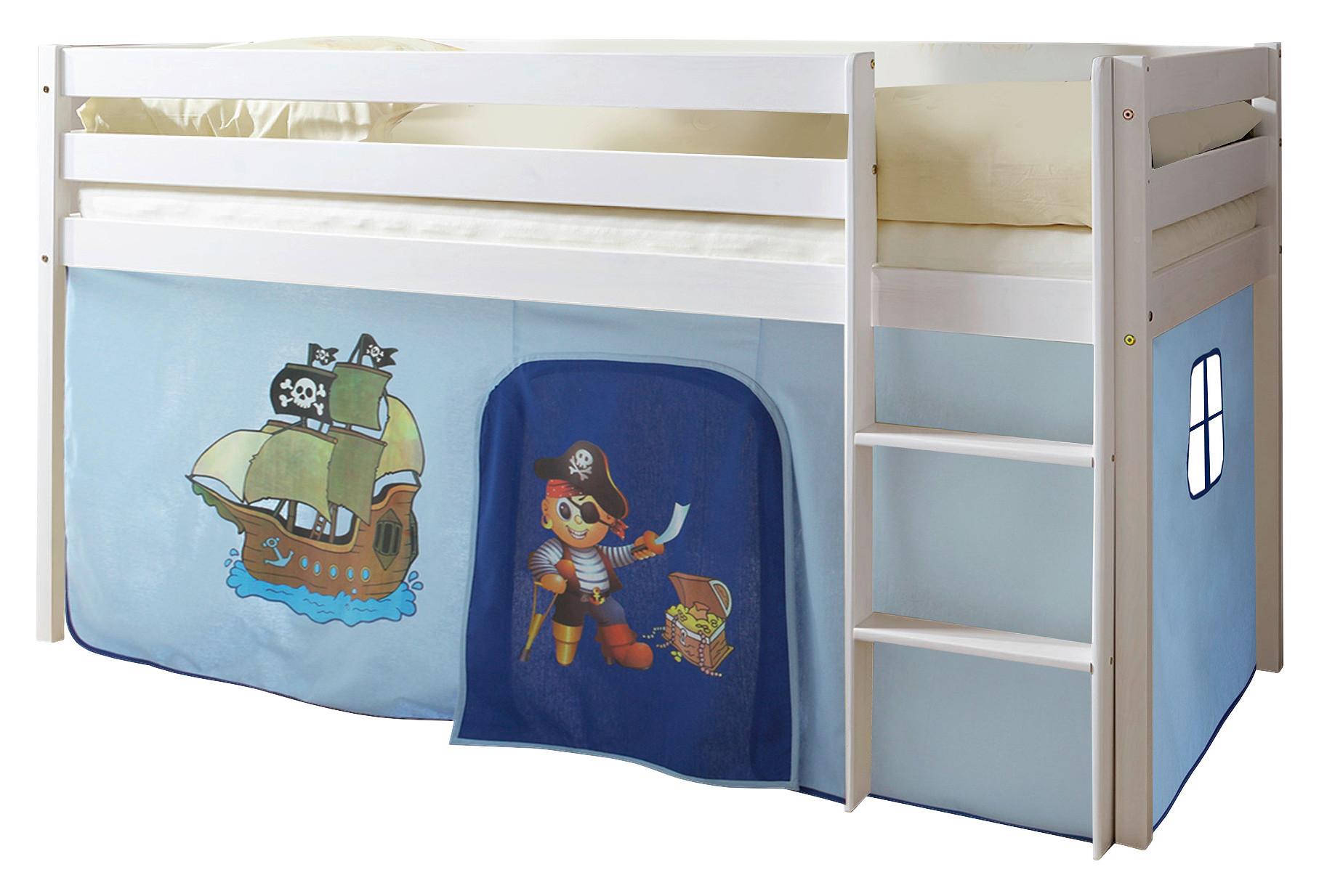 Kinderbett Malte 90x200cm Holz massiv Weiß/Blau mit Vorhang