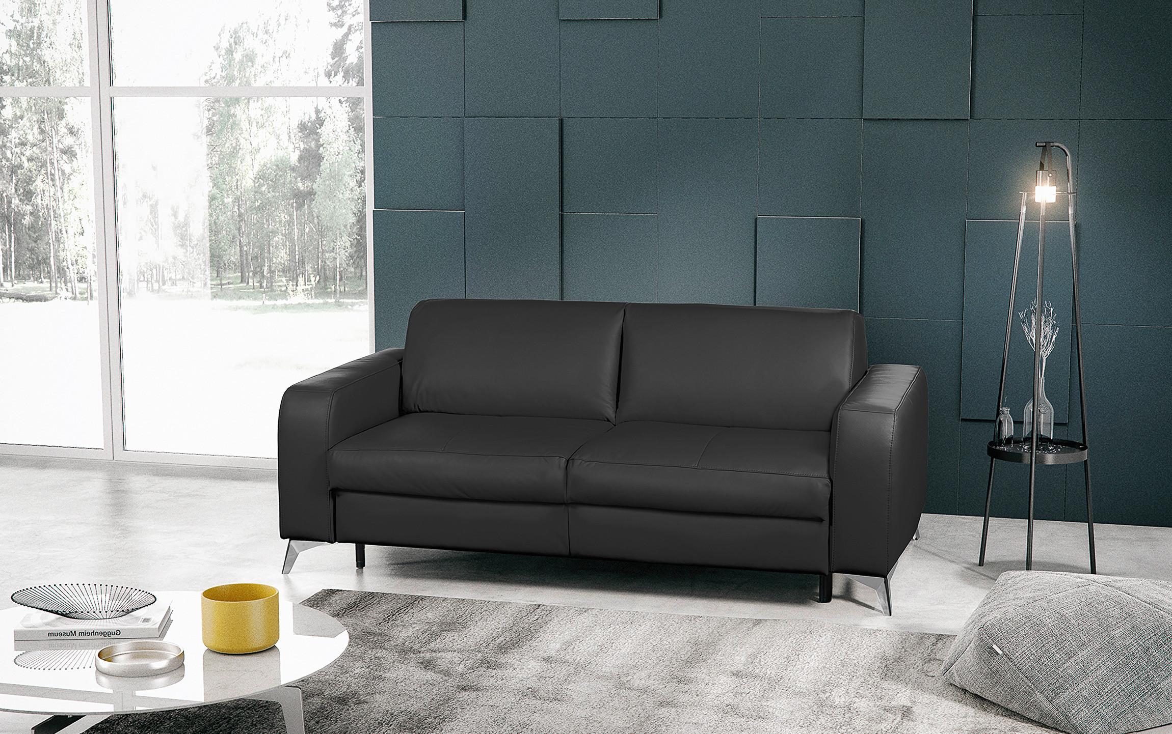 Schlafsofa Aloe Echtleder Schwarz B: 204 cm - Silberfarben/Schwarz, Design, Leder (204/84/104cm) - Livetastic