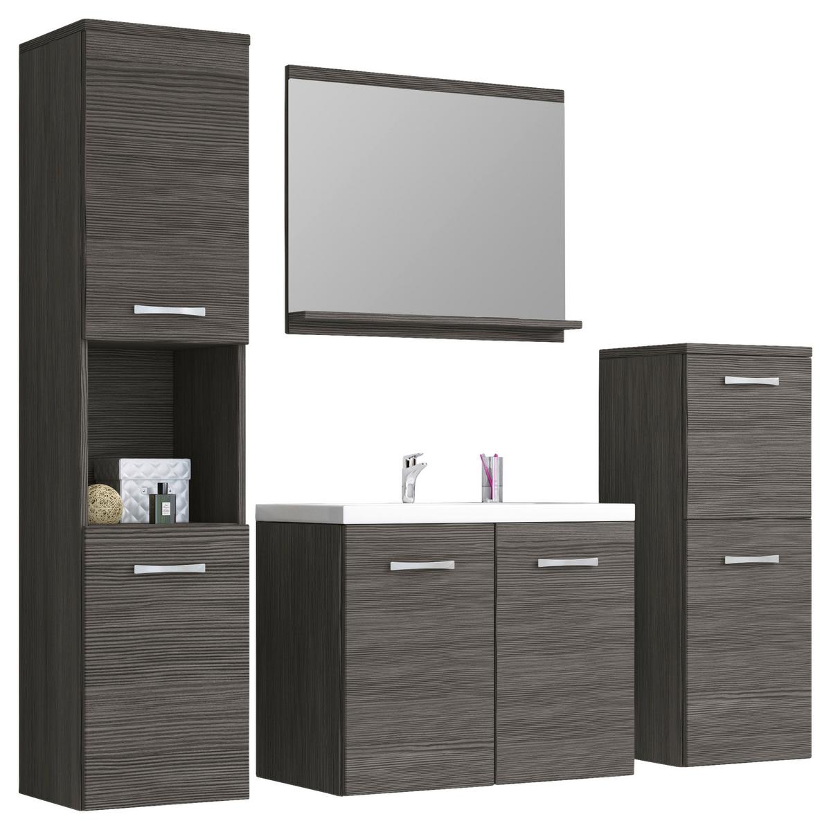 Kúpeľňa, 5 dielna sada , DUB TMAVÝ - biela/biela s vysokým leskom, Lifestyle, kov/kompozitné drevo (120cm) - P & B