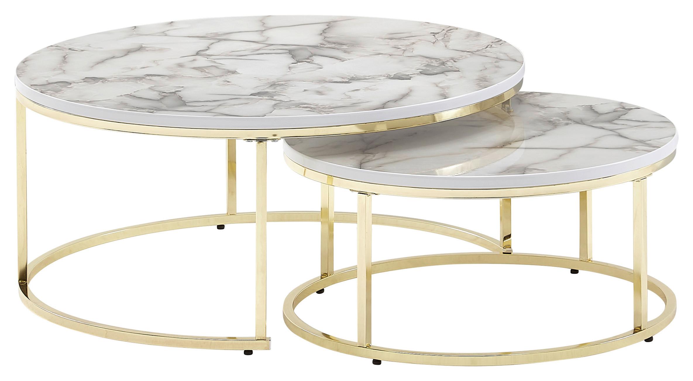 Beistelltisch 2-tlg. Rund Marmor Optik/goldfarben - Goldfarben/Weiß, MODERN, Holzwerkstoff/Metall (80/80/36cm) - MID.YOU