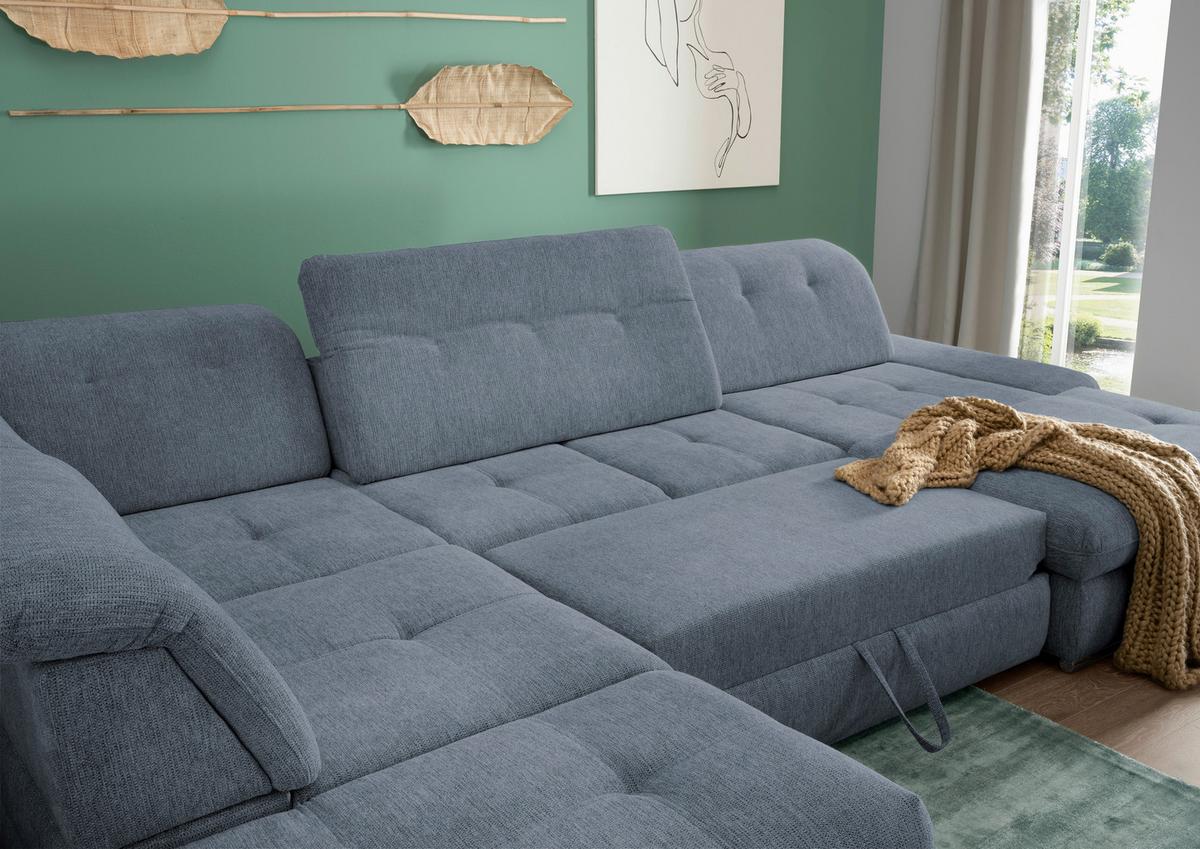 Wohnlandschaft Dalida Mit Schlaffunktion Hellblau - Chromfarben/Hellblau, Design, Textil (254/376/195cm) - Livetastic
