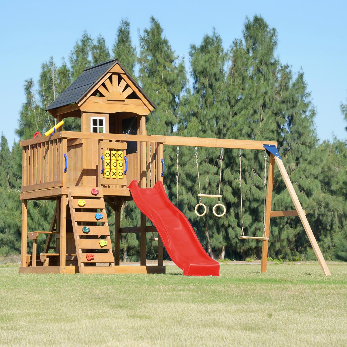 Spielturm Mit Rutsche Rot - Anthrazit/Rot, Basics, Holz/Kunststoff (435/410/305cm) - Ambia Garden