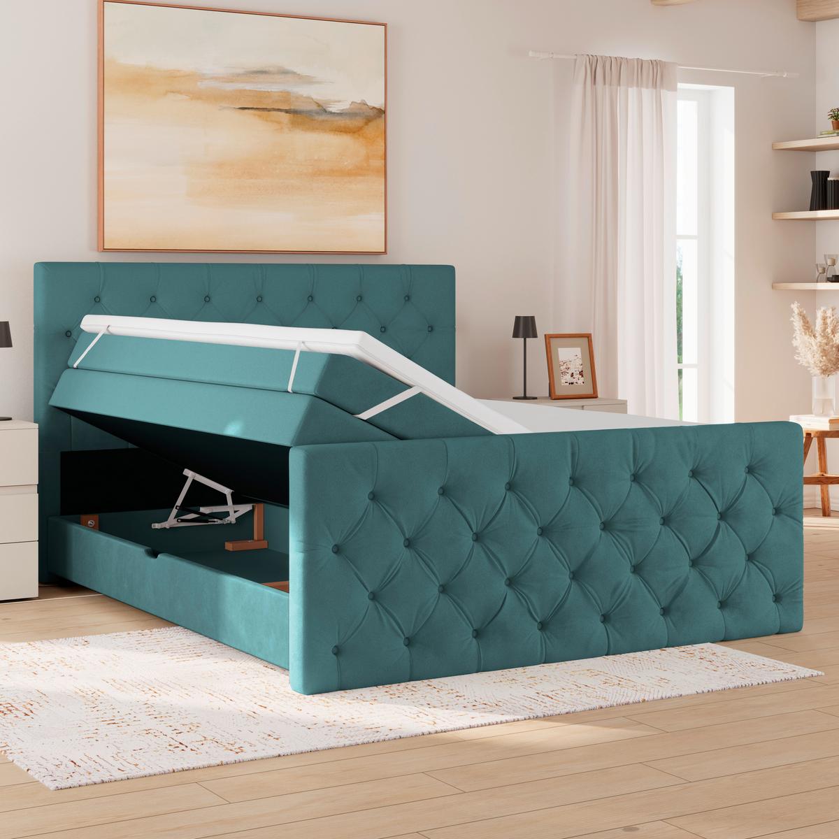 Boxspringbett Elio Petrol 180x200 cm H2 - Beige/Petrol, ROMANTIK / LANDHAUS, Textil (180/200cm) - James Wood