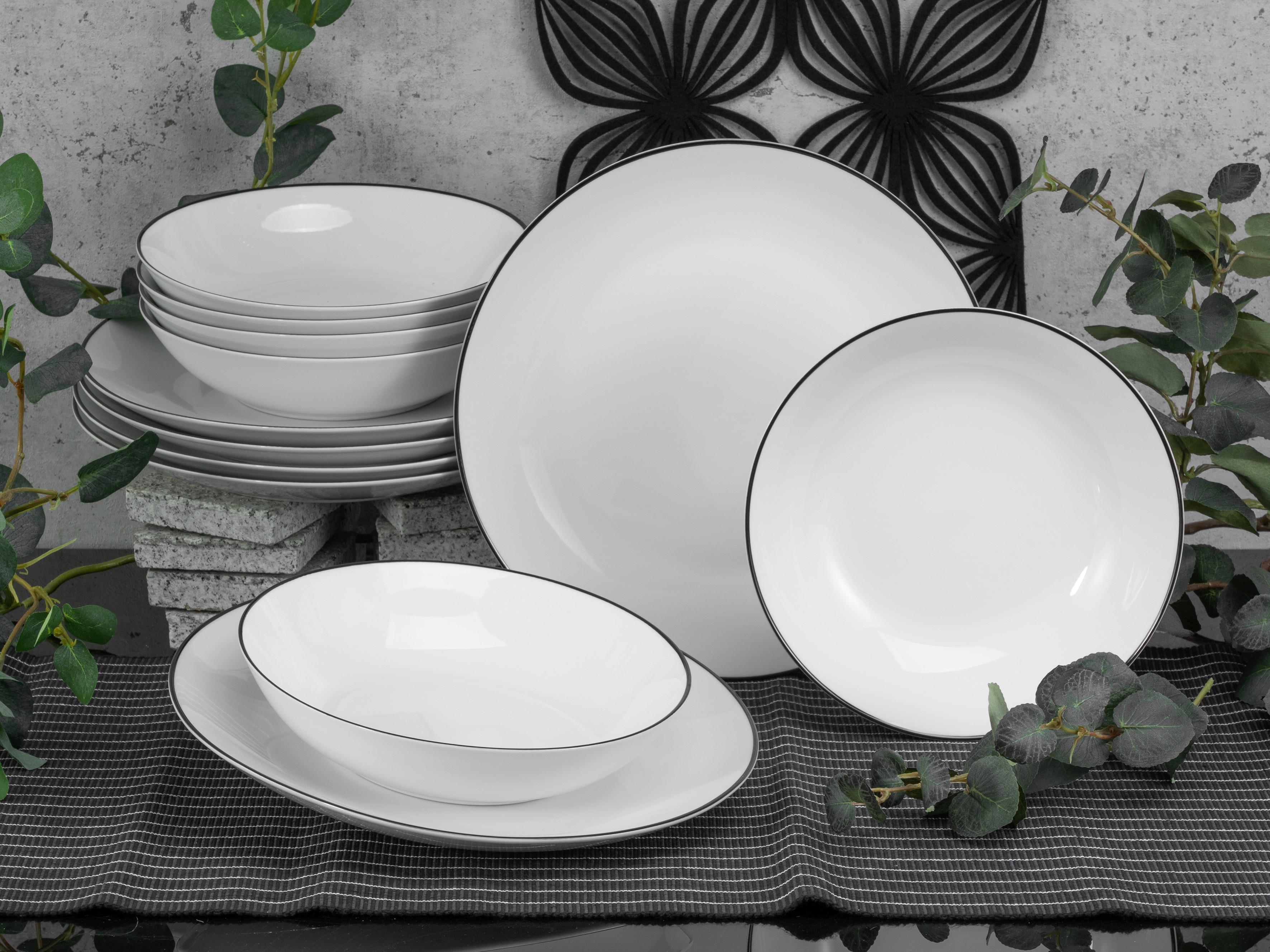 Jídelní souprava bílá/černá 12- dílná - bílá/černá, Basics, keramika (30,5/26/31cm) - Creatable