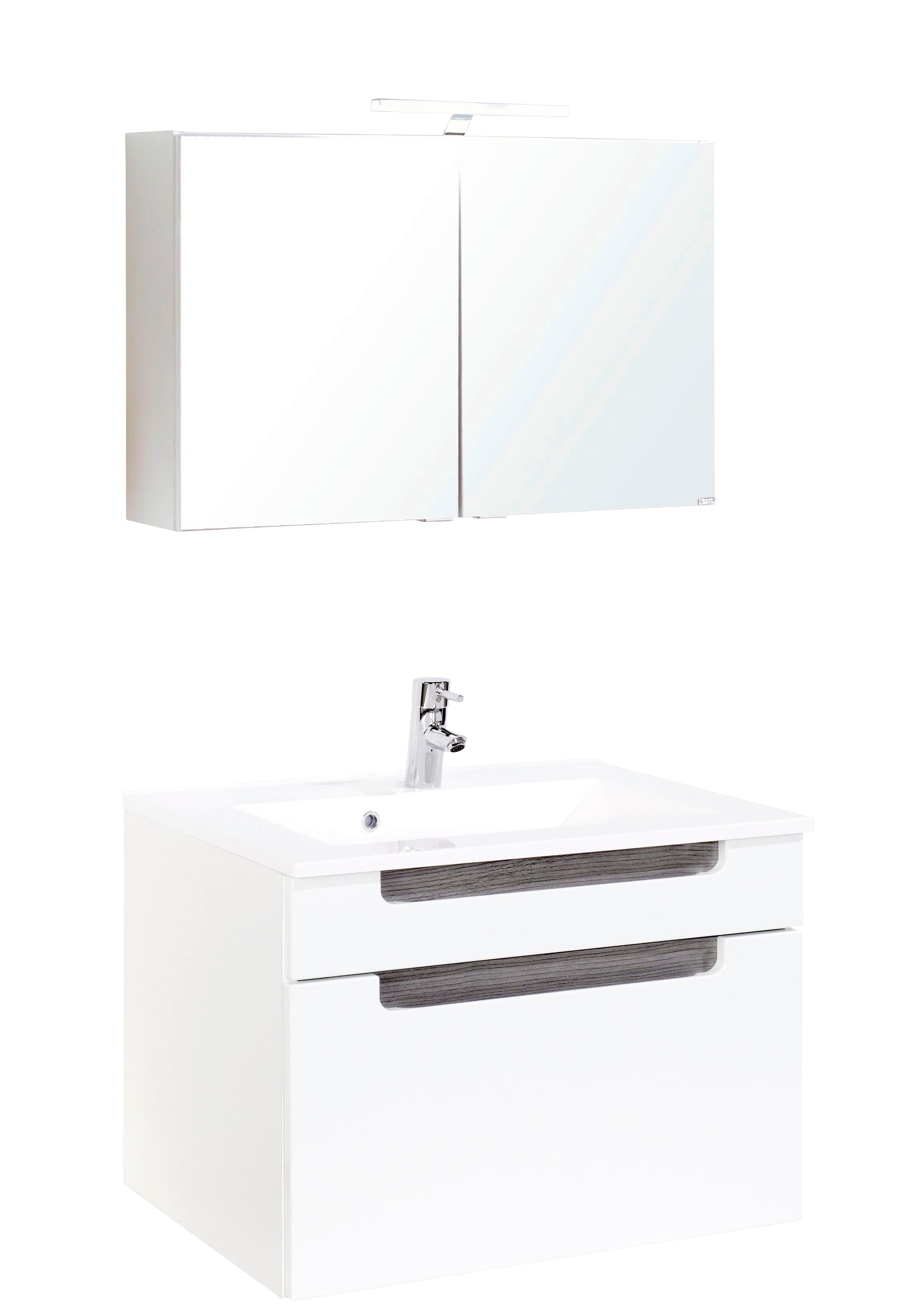 Badmöbel-Set 3-Tlg. inkl. LED Siena B: 80cm, Weiß - Weiß/Silbereichenfarben, MODERN, Holzwerkstoff/Stein (80cm) - Held