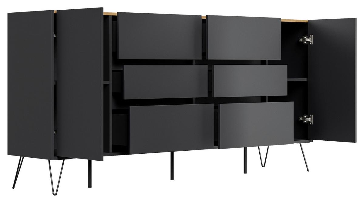 Sideboard Posseik Industrial Graphitf./eichefarben B: 199cm - Eichefarben/Schwarz, Design, Holzwerkstoff (199/93,6/42cm) - P & B