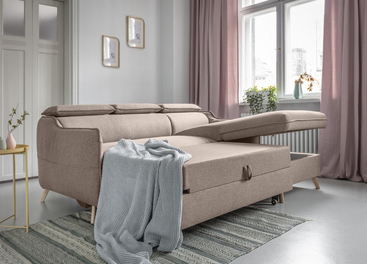 Rozkládací sedačka SIMONE, pravé provedení - přírodní barvy/béžová, Moderní, dřevo/textil (228/82/95/162cm)