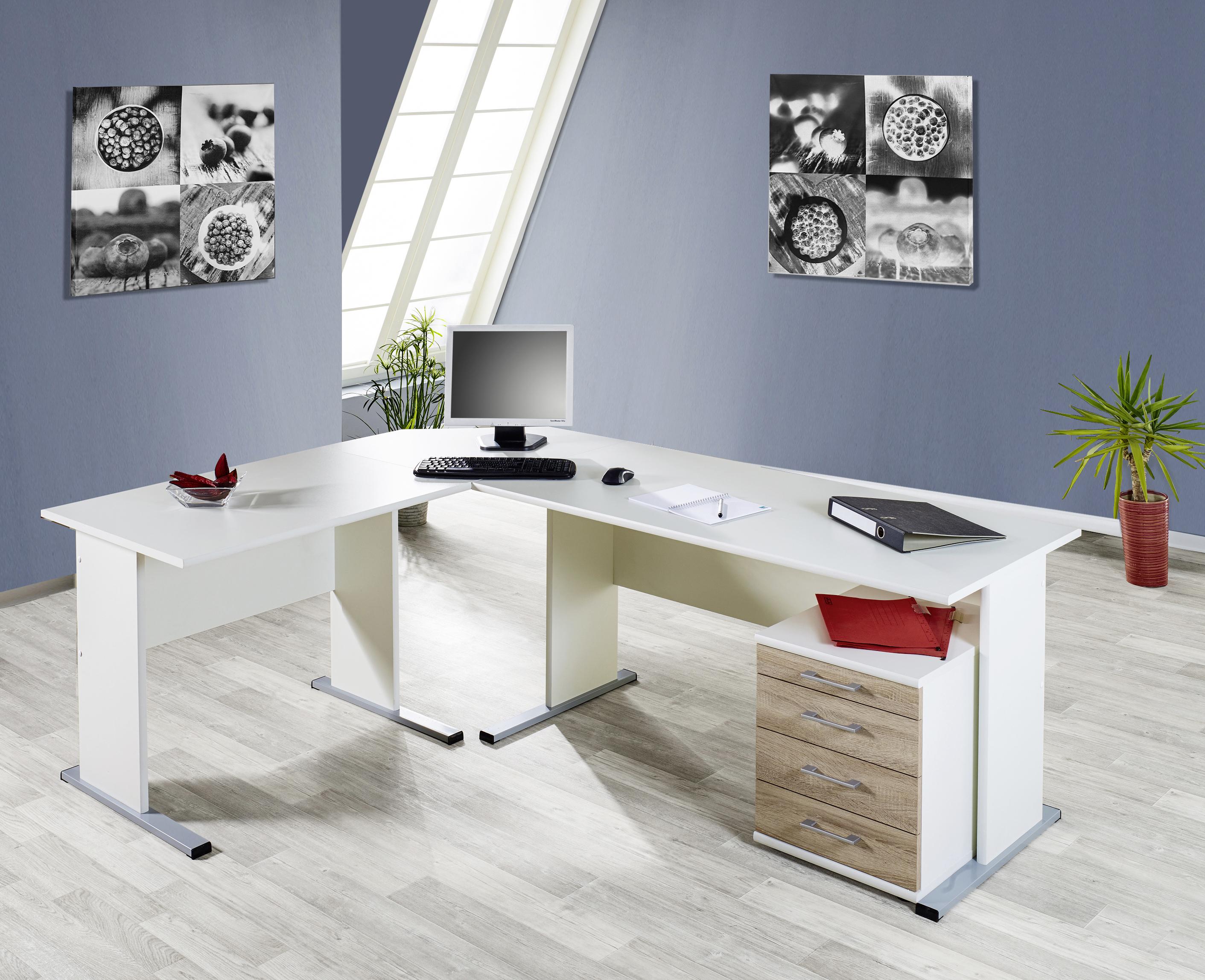 Schreibtisch B 90cm H 74,2cm Serie 200, Weiß - Silberfarben/Weiß, Basics, Holzwerkstoff/Metall (90/65/74,2cm) - MID.YOU