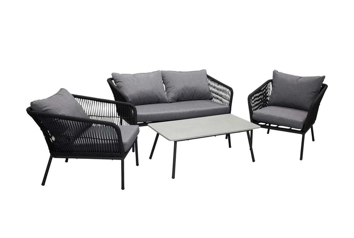 Loungegarnitur 4-Tlg. Lindos aus Aluminium mit Kissen - Schwarz/Grau, KONVENTIONELL, Kunststoff/Textil (134/69/80cm) - Gardenson
