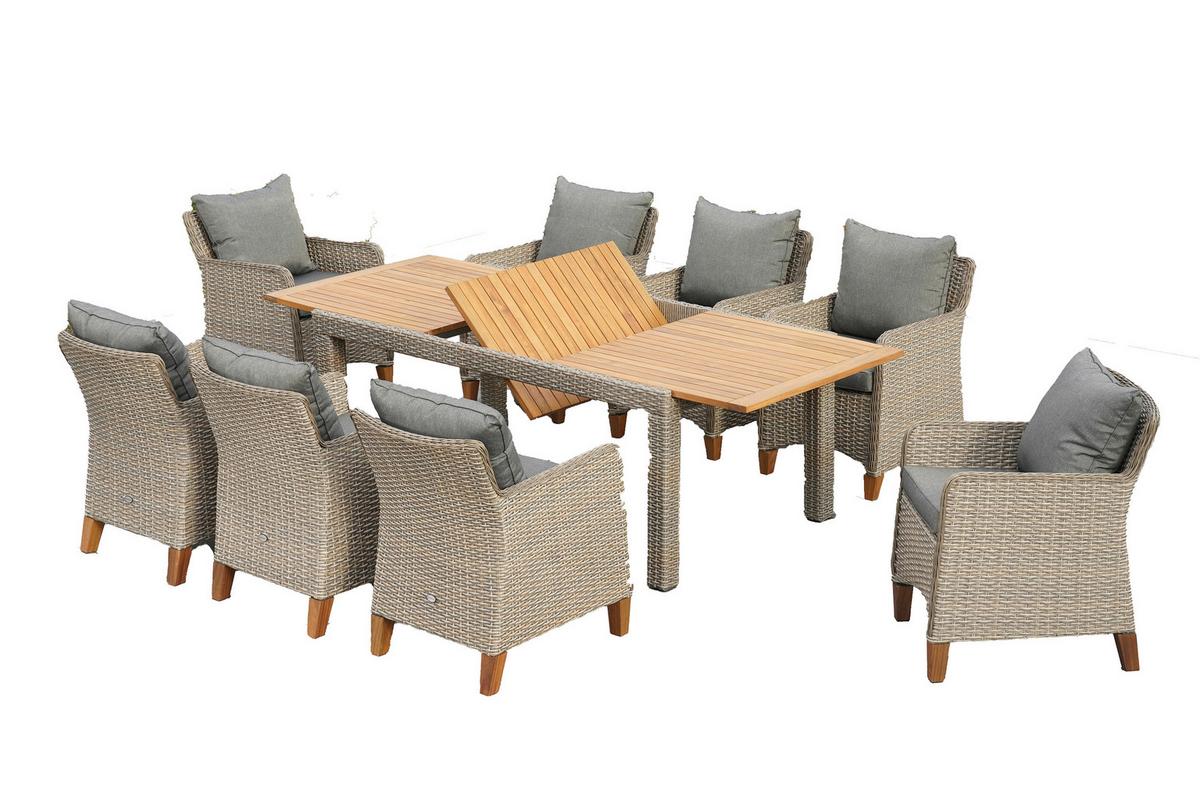 Gartentischgruppe Avellino 9--Teilig. Aus Akazie - Beige/Beigebraun, KONVENTIONELL, Holz/Kunststoff - Gardenson