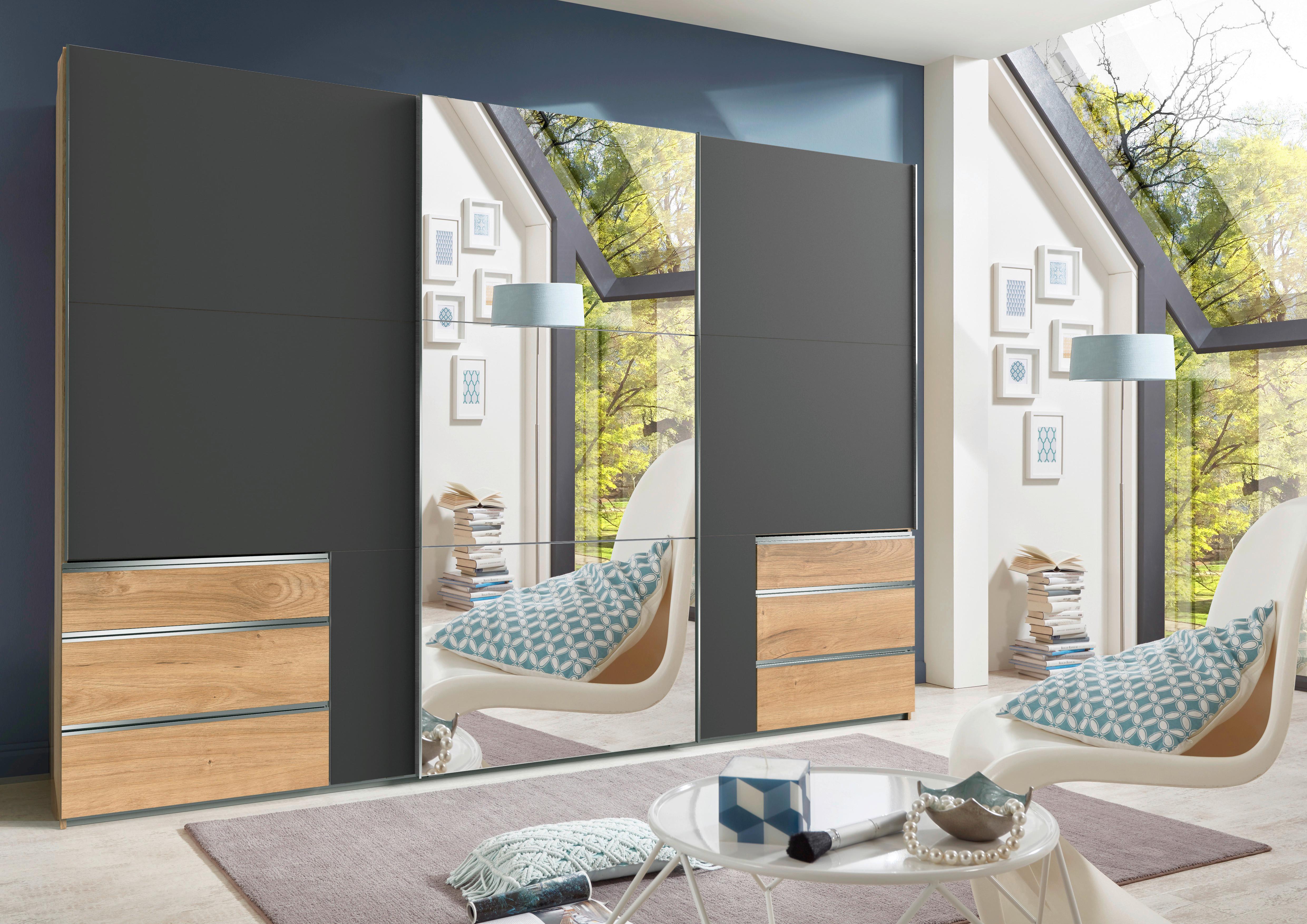 Schwebetürenschrank Level 36 A Graphit/Eiche/Spigel, B:300cm - Eichefarben/Graphitfarben, MODERN, Glas/Holzwerkstoff (300/216/65cm) - MID.YOU