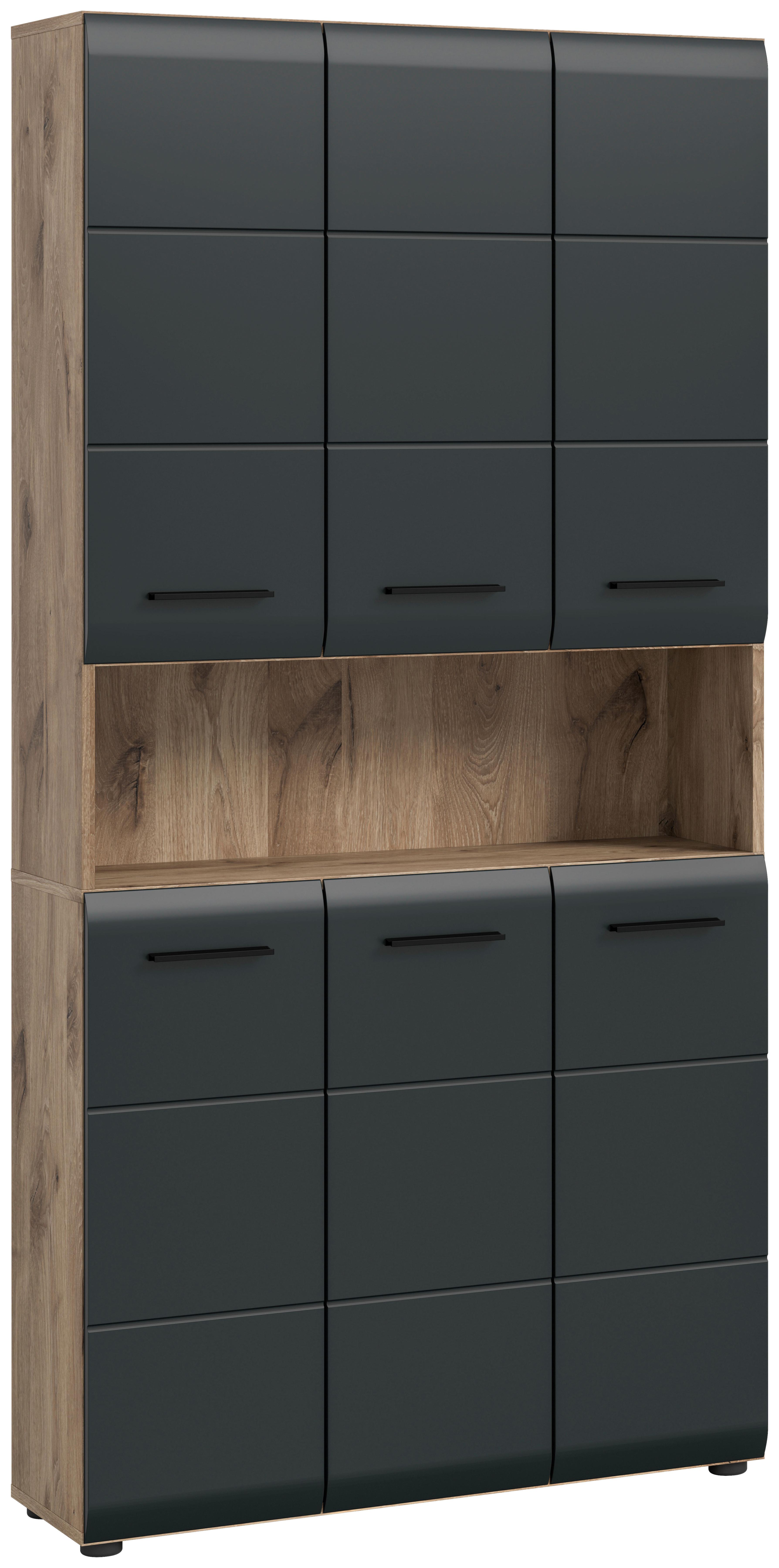 Hochschrank Ice Schwarz/Eiche Dekor B: 90cm - Eiche dunkel/Schwarz, Basics, Holzwerkstoff (90/185/30cm) - MID.YOU