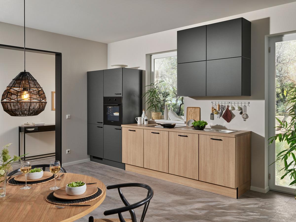 Kuchyňský blok bez spotřebičů a dřezu - barvy dubu/černá, Moderní, kov/kompozitní dřevo (340cm) - Pino