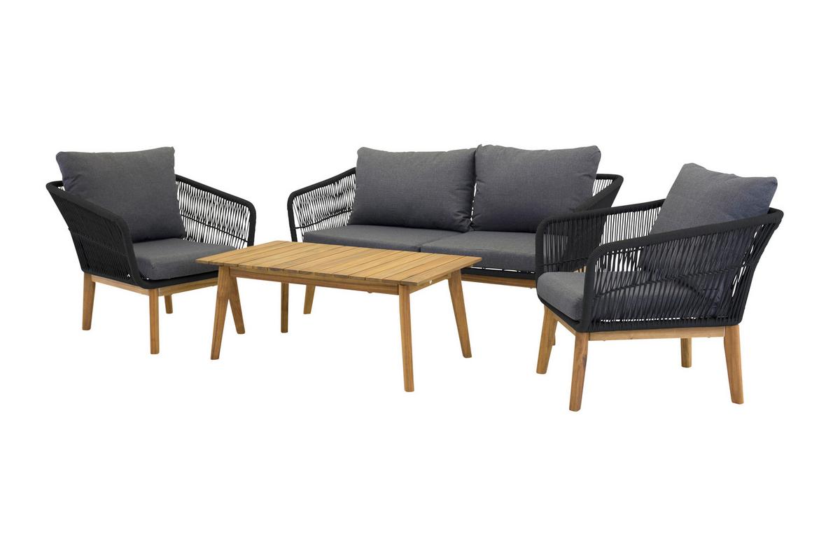 Loungegarnitur 4-Tlg Chania Holz/Metall/Textil mit Kissen - Dunkelgrau/Schwarz, KONVENTIONELL, Holz/Textil (164/75null) - Gardenson