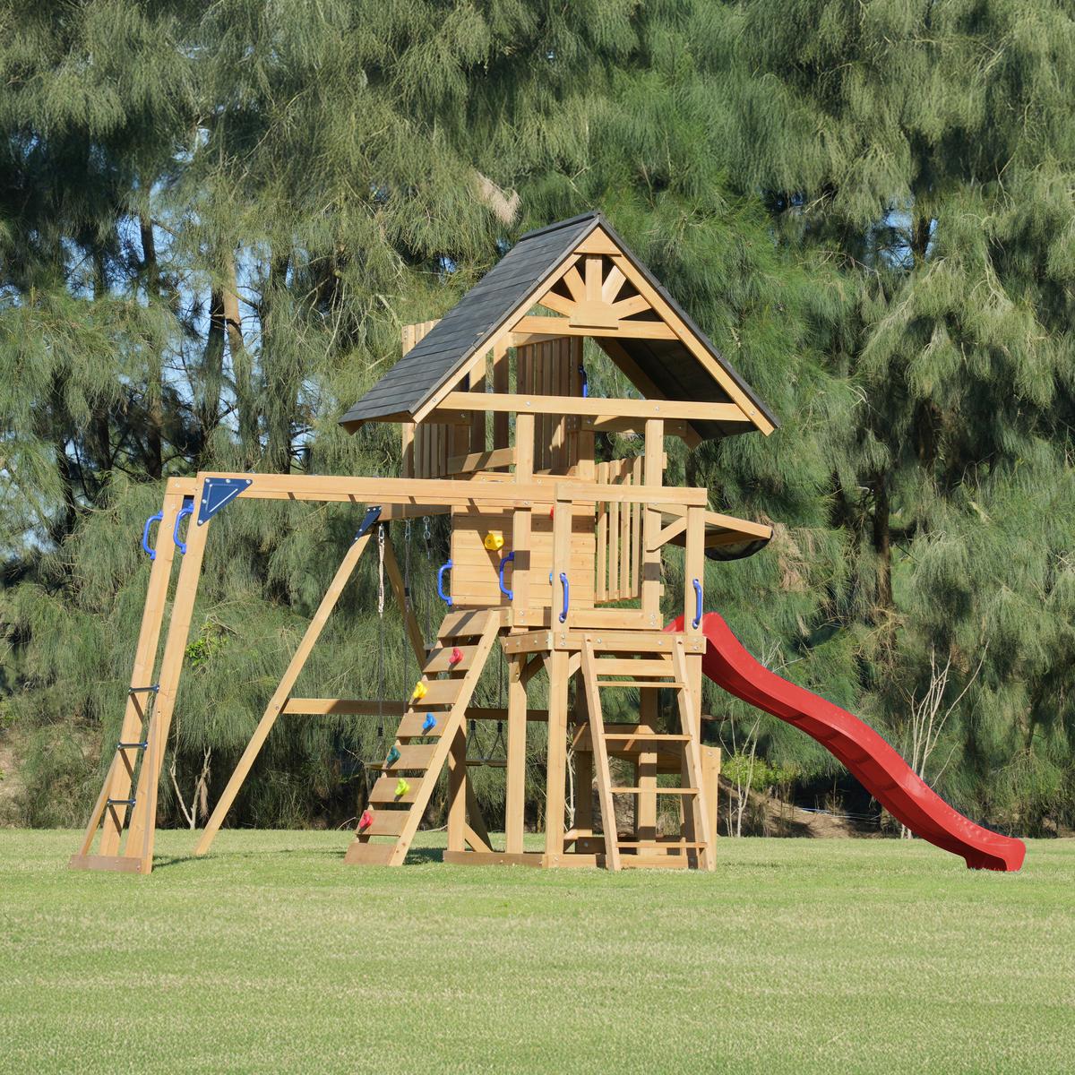 Spielturm mit Rutsche Rot - Anthrazit/Rot, Basics, Holz/Kunststoff (482/500/338cm) - Ambia Garden