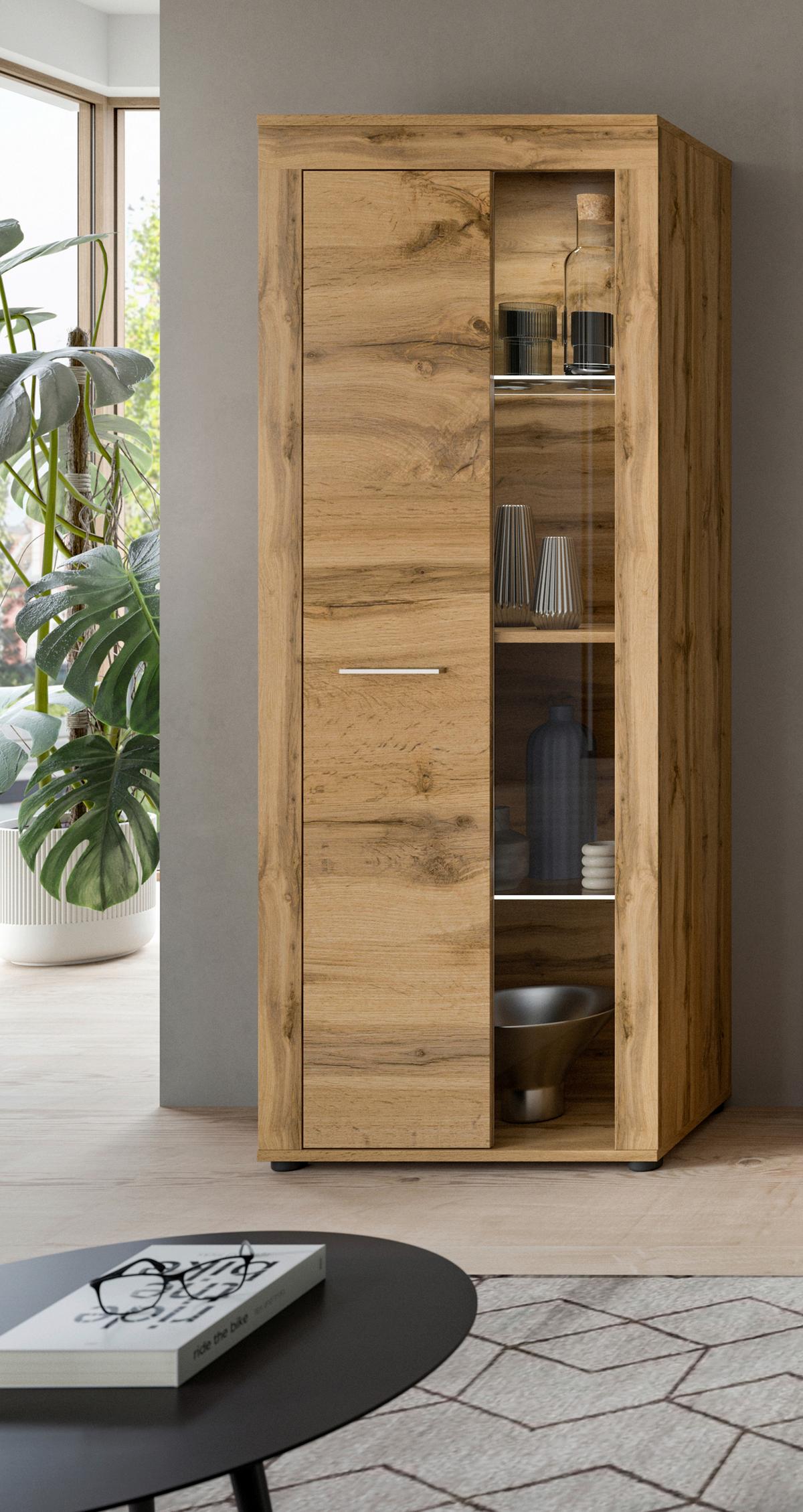 Vitrine Jam Eiche Dekor B: 60 Cm - Eiche Wotan/Schwarz, Design, Glas/Holzwerkstoff (60/159/35cm) - MID.YOU