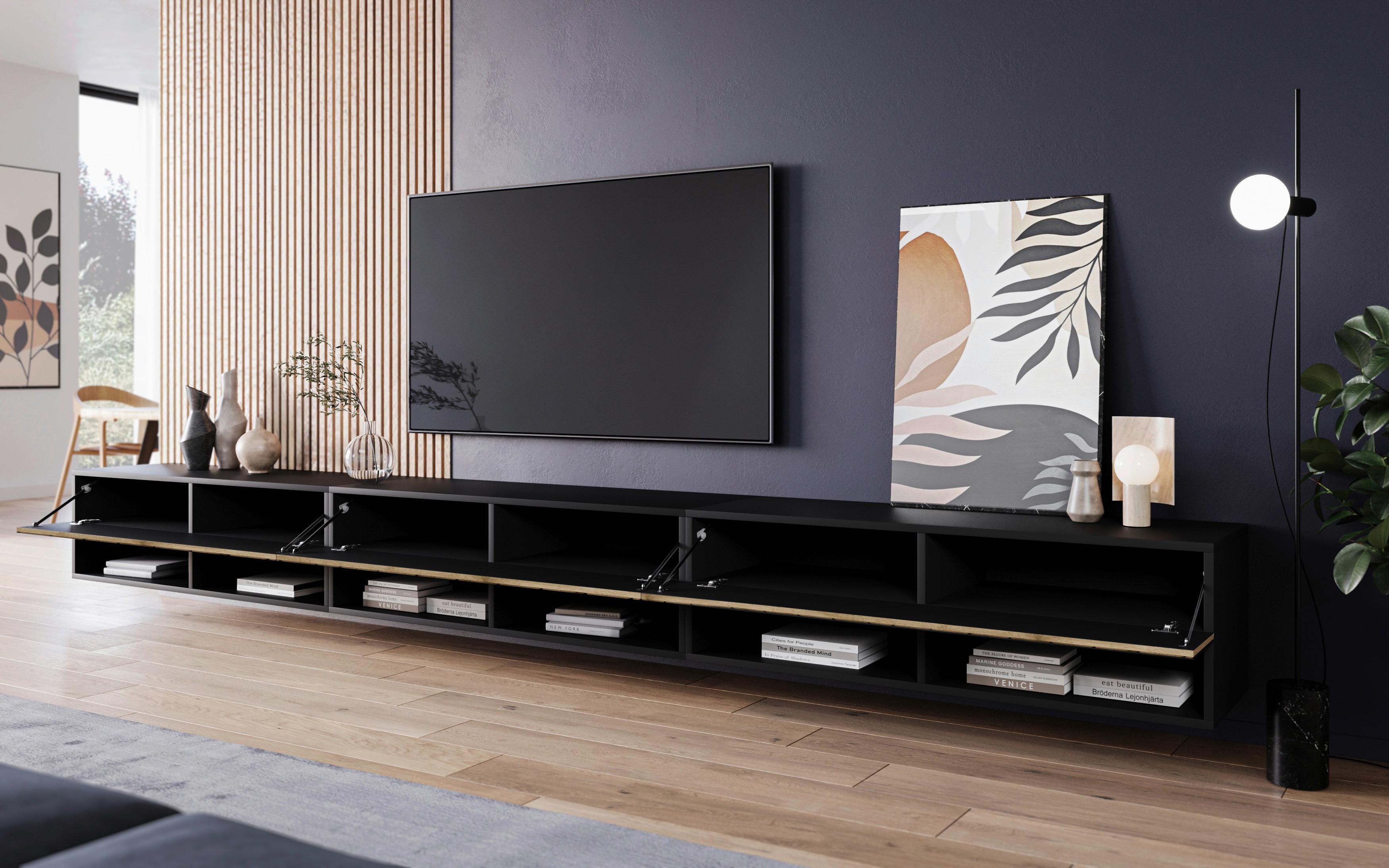 Lowboard Eiche Wotan/Schwarz B: 300 cm - Eiche Wotan/Schwarz, LIFESTYLE, Holzwerkstoff (300/30/31cm) - Livetastic
