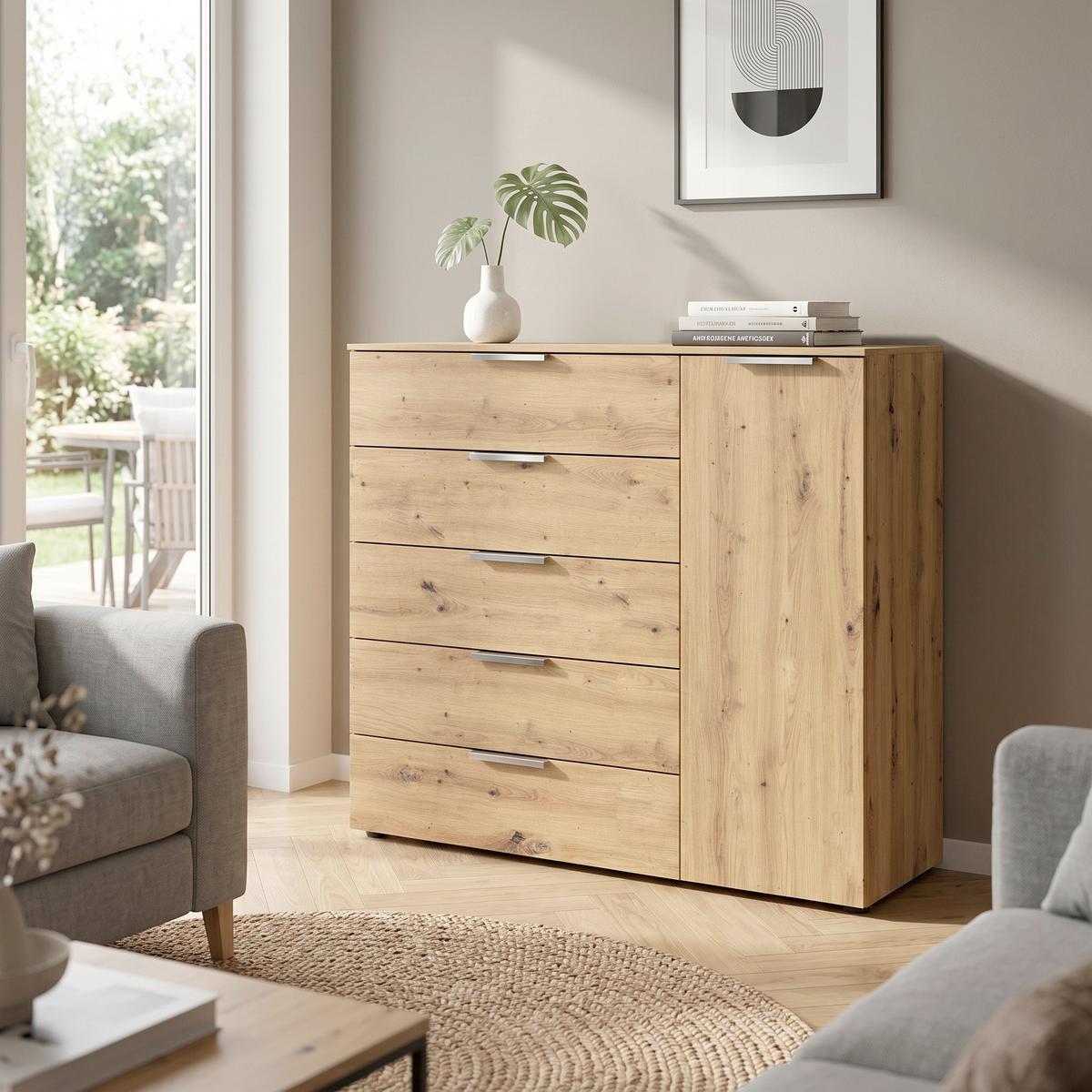 Kommode Flipp Eiche/Chromfarben B: 120 cm - Chromfarben/Schwarz, MODERN, Holzwerkstoff (120/100/42cm) - Rauch Möbel