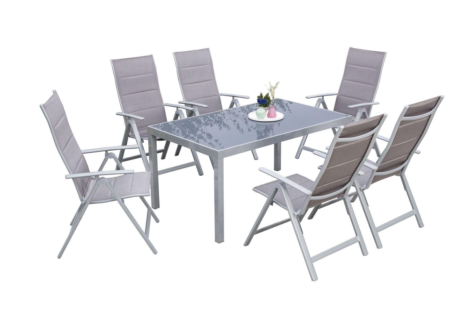 Gartenmöbel Set 7-Tlg. Taviano Metall/Textil/Glas - Silberfarben/Braun, ROMANTIK / LANDHAUS, Glas/Textil - Gardenson