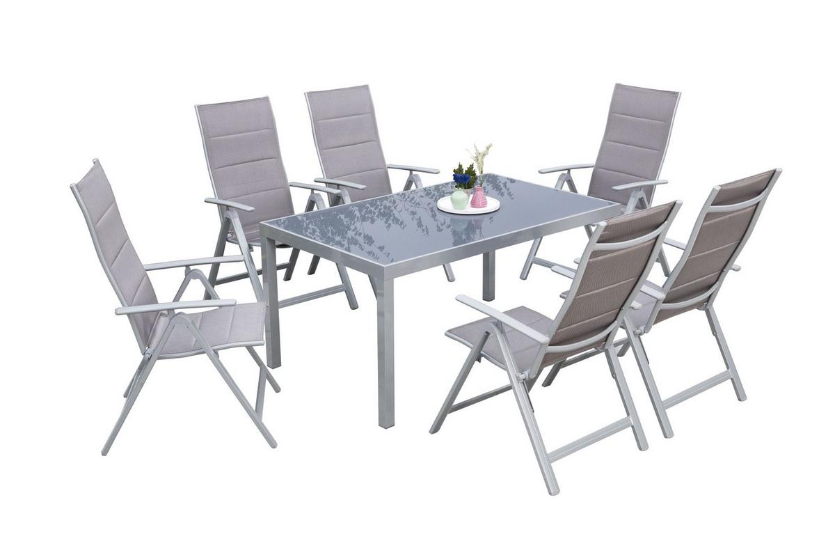 Gartenmöbel Set 7-Tlg. Taviano Metall/Textil/Glas - Silberfarben/Braun, ROMANTIK / LANDHAUS, Glas/Textil - Gardenson