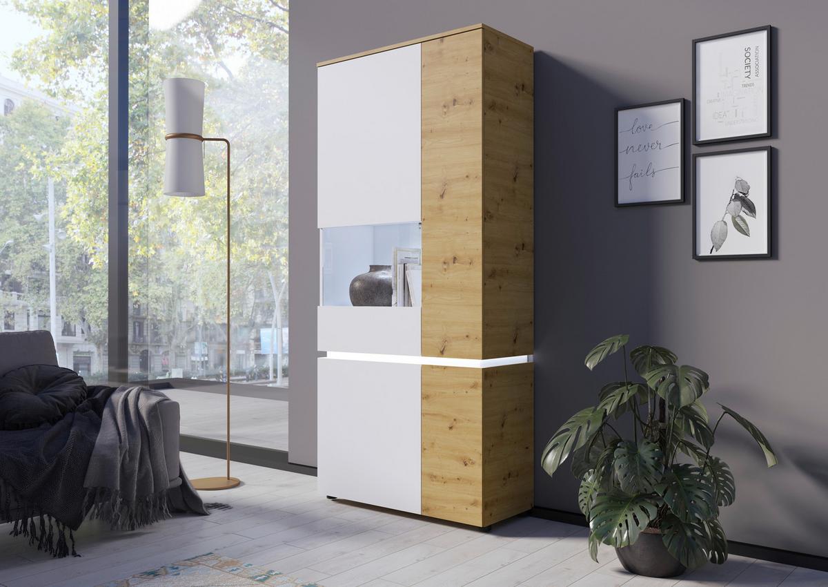 Vitrine Luci Weiß Eiche Artisan/weiß B: 90,4 Cm - Eichefarben/Weiß, Trend, Glas/Holzwerkstoff (90,4/199/40cm) - MID.YOU